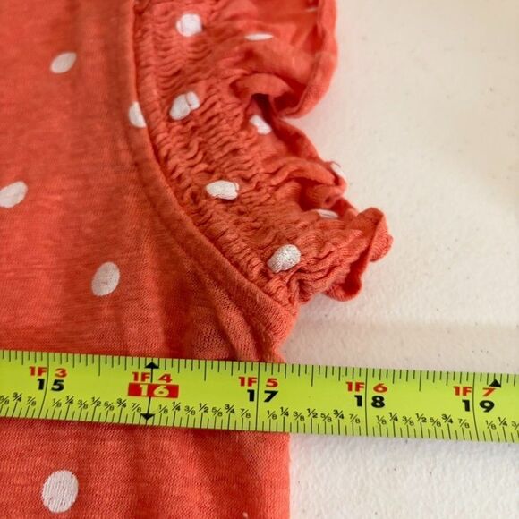 Loft T-Shirt Women's Small Orange Polka Dot Short Sleeve Ruffle Linen Top - Picture 8 of 8